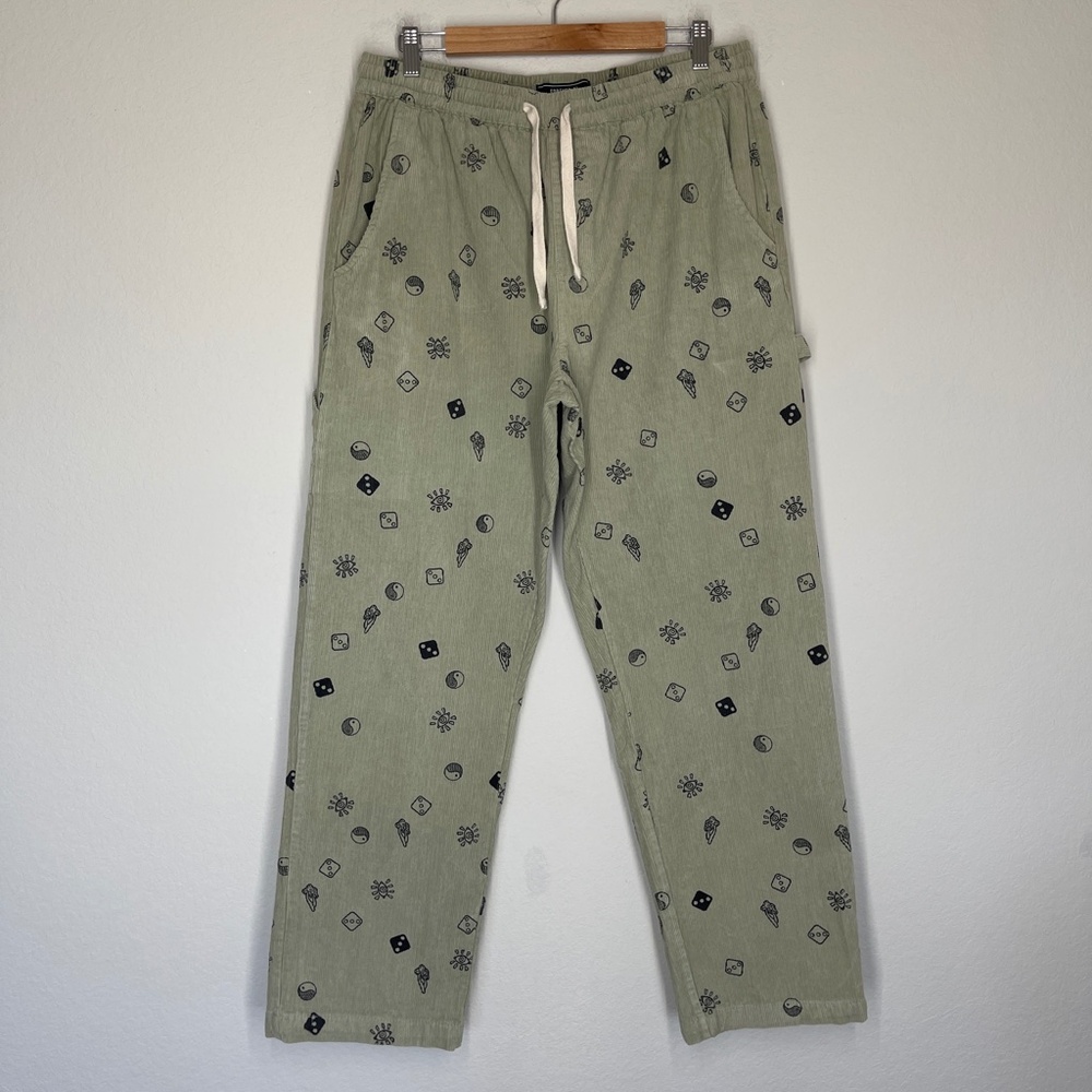Forever 21 Olive Green Corduroy Drawstring Pants with Black Print